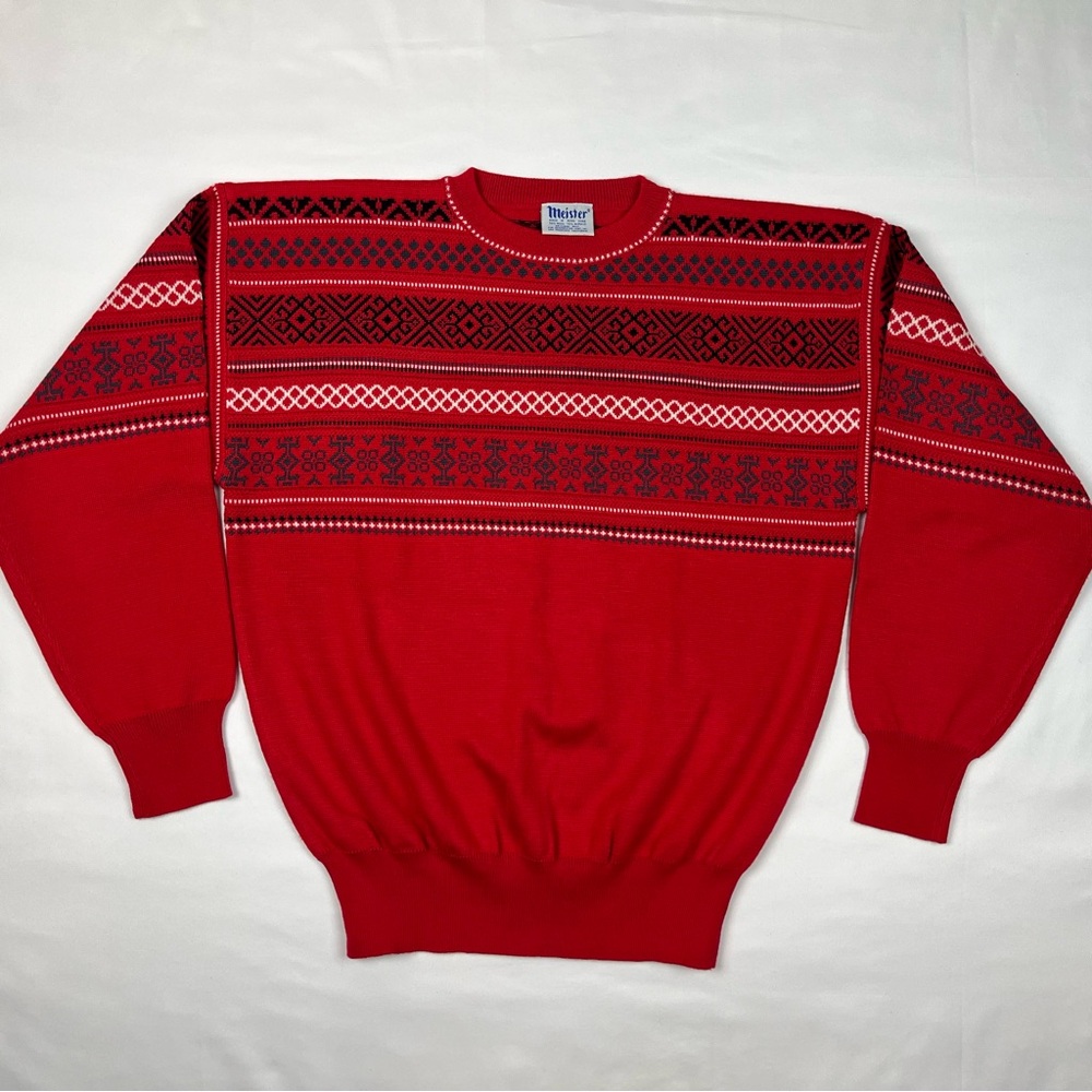 Vtg Meister Mens Alpine Sweater Sz Medium 80s Wool Blend Red Fair Isle Nordic B6